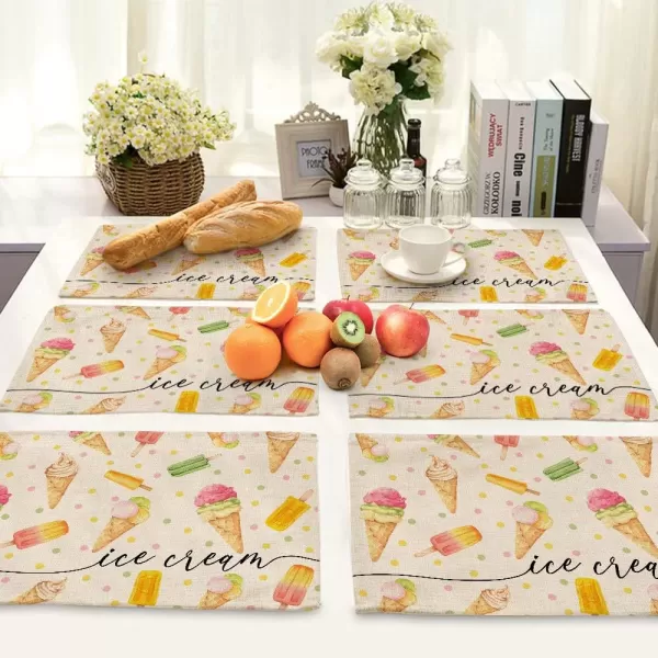 ARKENY Summer Ice Cream Placemats 12x18 Inches Set of 4Seasonal Burlap Polk Dot Farmhouse Indoor Kitchen Dining Table Decoration for Home PartyARKENY Summer Ice Cream Placemats 12x18 Inches Set of 4Seasonal Burlap Polk Dot Farmhouse Indoor Kitchen Dining Table Decoration for Home Party