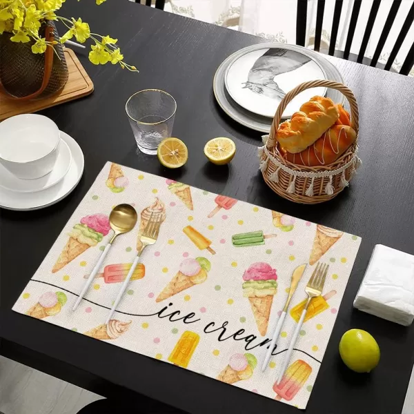 ARKENY Summer Ice Cream Placemats 12x18 Inches Set of 4Seasonal Burlap Polk Dot Farmhouse Indoor Kitchen Dining Table Decoration for Home PartyARKENY Summer Ice Cream Placemats 12x18 Inches Set of 4Seasonal Burlap Polk Dot Farmhouse Indoor Kitchen Dining Table Decoration for Home Party