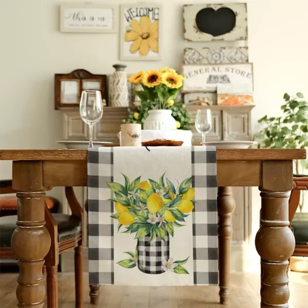 ARKENY Summer Lemon Flower Check Vase Sweet Home Table Runner 13x60 InchesSeasonal Burlap Buffalo Plaid Farmhouse Indoor Kitchen Dining Table Decoration for Home PartyTable Runner 13X90