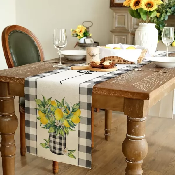 ARKENY Summer Lemon Flower Check Vase Sweet Home Table Runner 13x60 InchesSeasonal Burlap Buffalo Plaid Farmhouse Indoor Kitchen Dining Table Decoration for Home PartyTable Runner 13X108