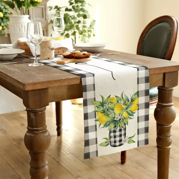 ARKENY Summer Lemon Flower Check Vase Sweet Home Table Runner 13x60 InchesSeasonal Burlap Buffalo Plaid Farmhouse Indoor Kitchen Dining Table Decoration for Home PartyTable Runner 13X72