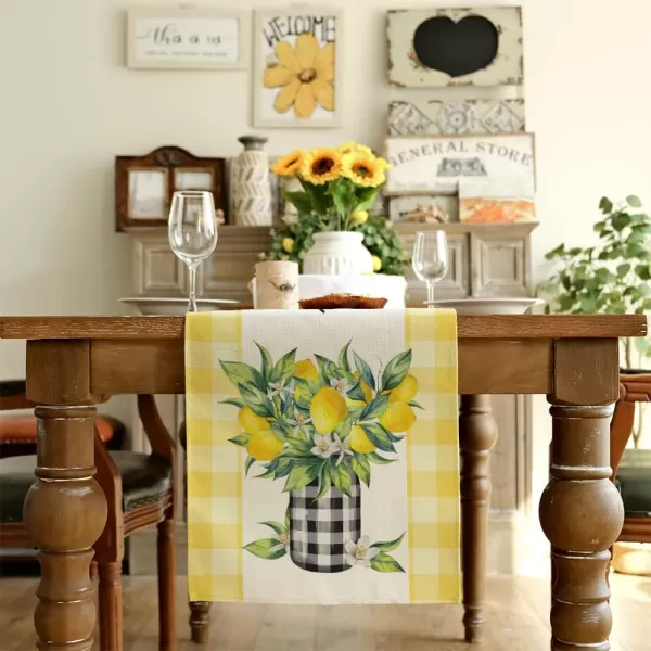 ARKENY Summer Lemon Flower Check Vase Sweet Home Table Runner 13x60 InchesSeasonal Burlap Buffalo Plaid Farmhouse Indoor Kitchen Dining Table Decoration for Home PartyYellow Table runner 13X72