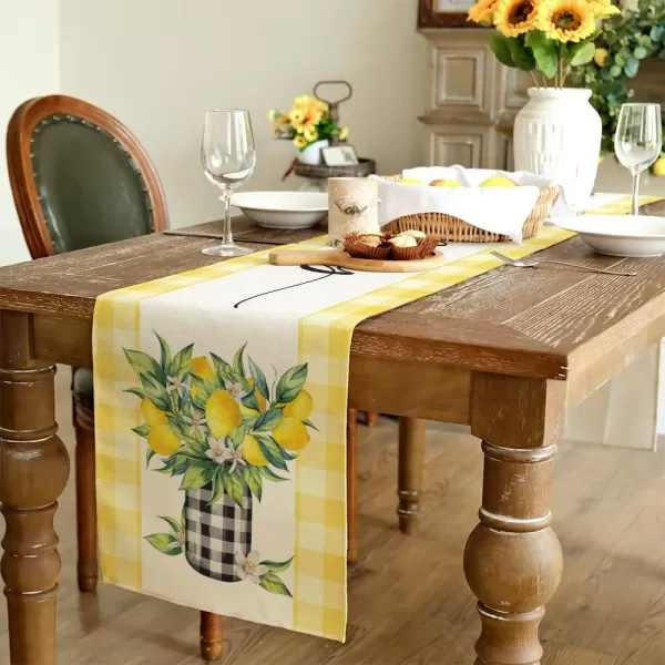 ARKENY Summer Lemon Flower Check Vase Sweet Home Table Runner 13x60 InchesSeasonal Burlap Buffalo Plaid Farmhouse Indoor Kitchen Dining Table Decoration for Home PartyYellow Table runner 13X72