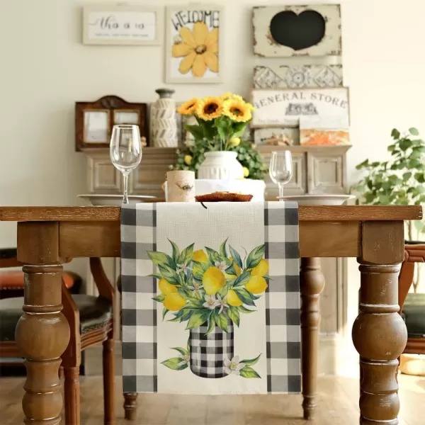 ARKENY Summer Lemon Flower Check Vase Sweet Home Table Runner 13x60 InchesSeasonal Burlap Buffalo Plaid Farmhouse Indoor Kitchen Dining Table Decoration for Home PartyTable Runner 13X108