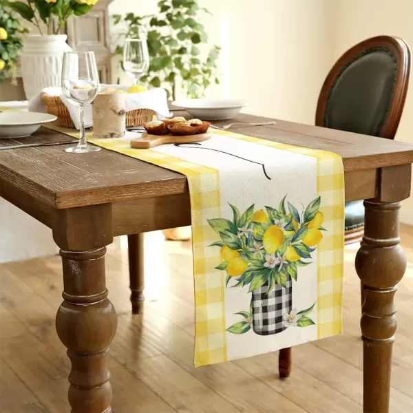 ARKENY Summer Lemon Flower Check Vase Sweet Home Table Runner 13x60 InchesSeasonal Burlap Buffalo Plaid Farmhouse Indoor Kitchen Dining Table Decoration for Home PartyYellow Table runner 13X72