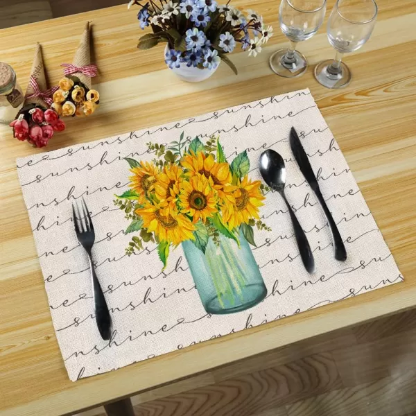 ARKENY Summer Sunflower Bottle Sunshine Placemats 12x18 Inches Set of 4Seasonal Burlap Farmhouse Indoor Kitchen Dining Table Decoration for Home PartyARKENY Summer Sunflower Bottle Sunshine Placemats 12x18 Inches Set of 4Seasonal Burlap Farmhouse Indoor Kitchen Dining Table Decoration for Home Party