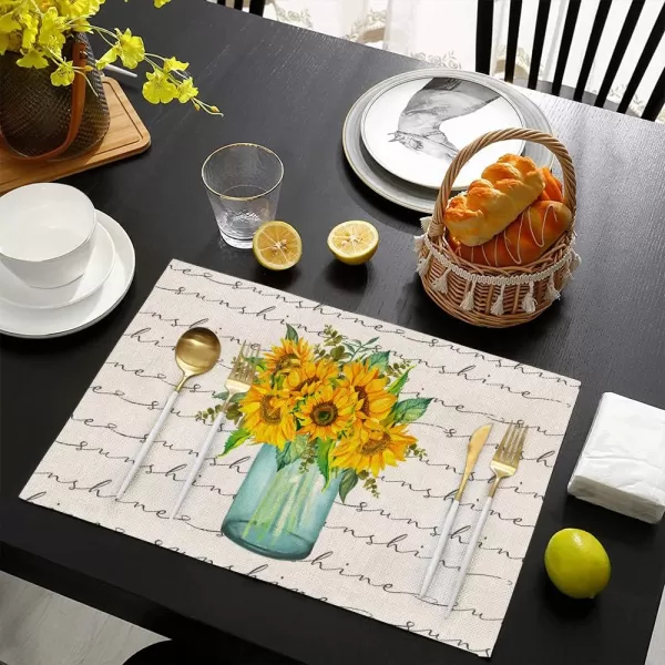 ARKENY Summer Sunflower Bottle Sunshine Placemats 12x18 Inches Set of 4Seasonal Burlap Farmhouse Indoor Kitchen Dining Table Decoration for Home PartyARKENY Summer Sunflower Bottle Sunshine Placemats 12x18 Inches Set of 4Seasonal Burlap Farmhouse Indoor Kitchen Dining Table Decoration for Home Party