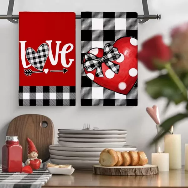 ARKENY Valentine Day Kitchen Towels Black Buffalo Plaid Check Bowknot Dish Towels 18x26 Inch Ultra Absorbent Wedding Drying Cloth Love Sign Hand Towel for Valentine Decorations Set of 2Red Dot