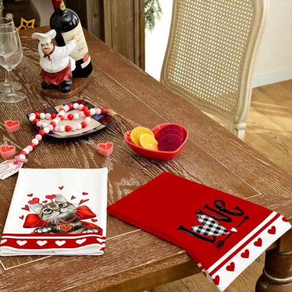 ARKENY Valentine Day Kitchen Towels Set of 2Red Cat Love Dish Towels 18x26 Inch Drying DishclothFarmhouse Home Decoration AD138Red Cat