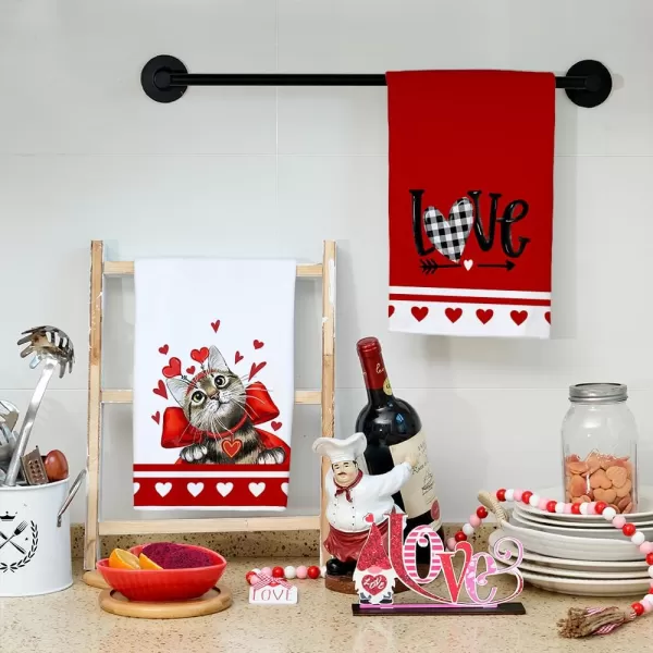 ARKENY Valentine Day Kitchen Towels Set of 2Red Cat Love Dish Towels 18x26 Inch Drying DishclothFarmhouse Home Decoration AD138Red Cat