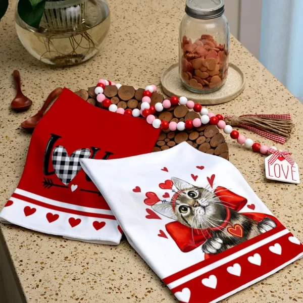 ARKENY Valentine Day Kitchen Towels Set of 2Red Cat Love Dish Towels 18x26 Inch Drying DishclothFarmhouse Home Decoration AD138Red Cat