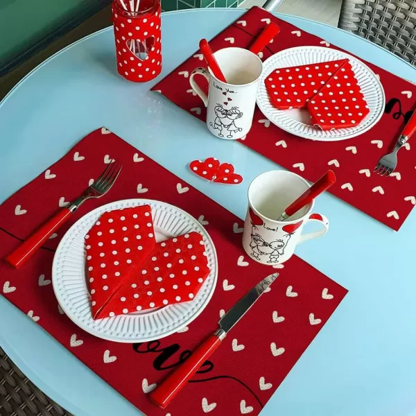 ARKENY Valentines Day Placemats 12x18 Inches Set of 4 Heart Love Pink Seasonal Farmhouse Burlap Indoor Kitchen Dining Table Decorations for Home Party AP51118Red Placemats Set of 6  12X18