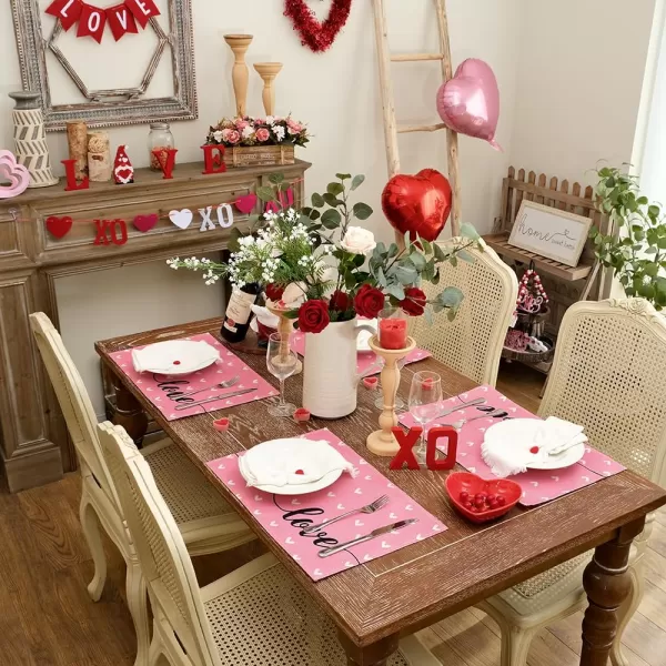 ARKENY Valentines Day Placemats 12x18 Inches Set of 4 Heart Love Pink Seasonal Farmhouse Burlap Indoor Kitchen Dining Table Decorations for Home Party AP51118Pink Placemats Set of 4  12X18