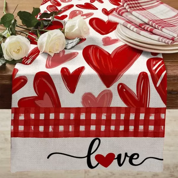 ARKENY Valentines Day Placemats 12x18 Inches Set of 4 Heart Love Seasonal Farmhouse Burlap Red Buffalo Plaid Indoor Kitchen Dining Table Decorations for Home Party AP22418Red Table Runner  13X72