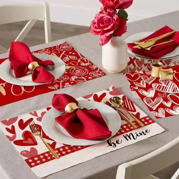 ARKENY Valentines Day Placemats 12x18 Inches Set of 4 Heart Love Seasonal Farmhouse Burlap Red Buffalo Plaid Indoor Kitchen Dining Table Decorations for Home Party AP22418Red Placemats Set of 4  12X18