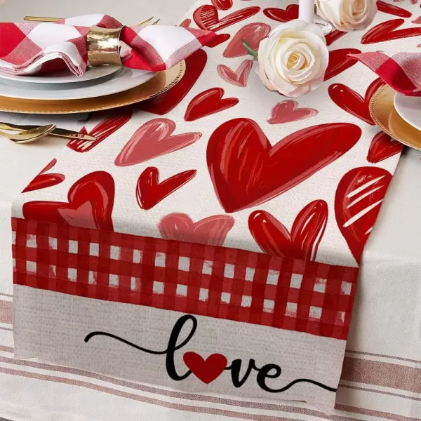 ARKENY Valentines Day Placemats 12x18 Inches Set of 4 Heart Love Seasonal Farmhouse Burlap Red Buffalo Plaid Indoor Kitchen Dining Table Decorations for Home Party AP22418Red Table Runner  13X72