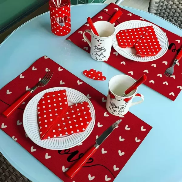 ARKENY Valentines Day Placemats 12x18 Inches Set of 4 Love Heart Seasonal Farmhouse Burlap Red Indoor Kitchen Dining Table Decorations for Home Party AP02318Red Placemats Set of 4  12X18