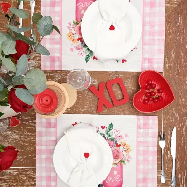 ARKENY Valentines Day Placemats 12x18 Inches Set of 4 Mason Jar Rose Love Seasonal Farmhouse Burlap Red Plaid Indoor Kitchen Dining Table Decorations for Home Party AP52918Pink Placemats Set of 4  12X18