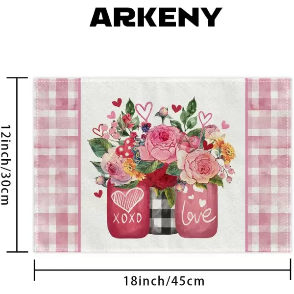 ARKENY Valentines Day Placemats 12x18 Inches Set of 4 Mason Jar Rose Love Seasonal Farmhouse Burlap Red Plaid Indoor Kitchen Dining Table Decorations for Home Party AP52918Pink Placemats Set of 4  12X18