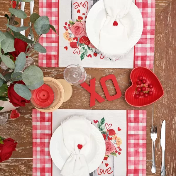 ARKENY Valentines Day Placemats 12x18 Inches Set of 4 Mason Jar Rose Love Seasonal Farmhouse Burlap Red Plaid Indoor Kitchen Dining Table Decorations for Home Party AP52918Red Placemats Set of 4  12X18