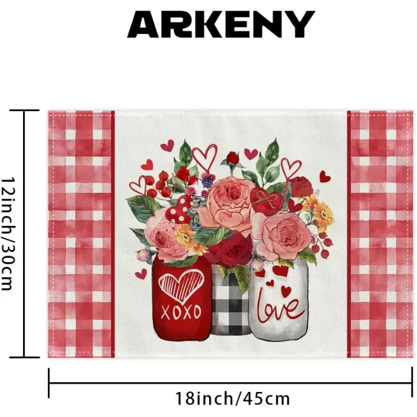 ARKENY Valentines Day Placemats 12x18 Inches Set of 4 Mason Jar Rose Love Seasonal Farmhouse Burlap Red Plaid Indoor Kitchen Dining Table Decorations for Home Party AP52918Red Placemats Set of 4  12X18