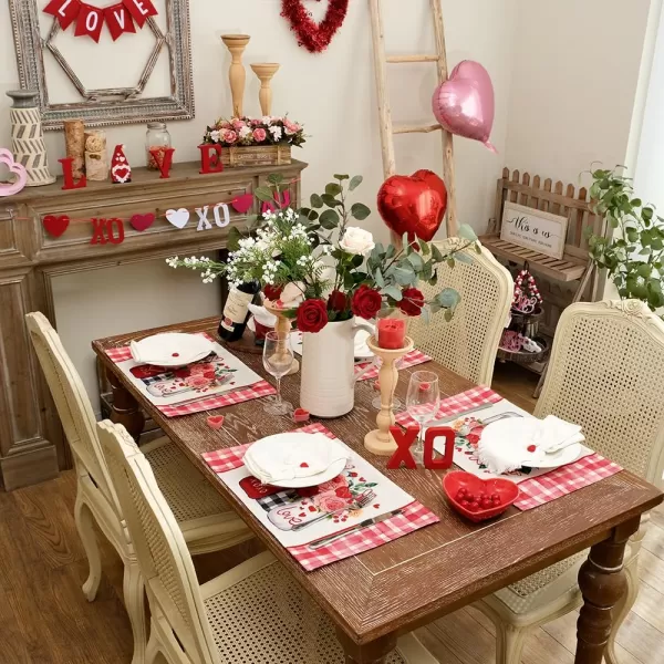 ARKENY Valentines Day Placemats 12x18 Inches Set of 4 Mason Jar Rose Love Seasonal Farmhouse Burlap Red Plaid Indoor Kitchen Dining Table Decorations for Home Party AP52918Red Placemats Set of 4  12X18