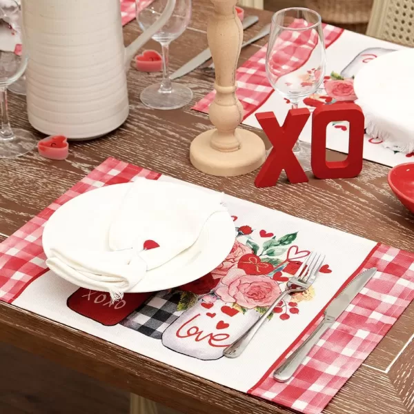 ARKENY Valentines Day Placemats 12x18 Inches Set of 4 Mason Jar Rose Love Seasonal Farmhouse Burlap Red Plaid Indoor Kitchen Dining Table Decorations for Home Party AP52918Red Placemats Set of 4  12X18