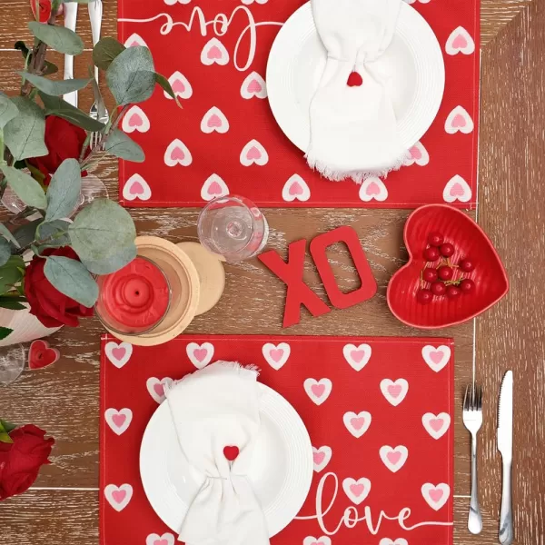 ARKENY Valentines Day Placemats 12x18 Inches Set of 4 Pink Heart Love Seasonal Farmhouse Burlap Red Indoor Kitchen Dining Table Decorations for Home Party AP52718Red Placemats Set of 4  12X18