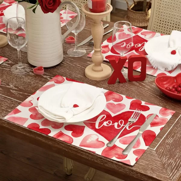 ARKENY Valentines Day Placemats 12x18 Inches Set of 4 Red Pink Heart Love Seasonal Farmhouse Burlap Indoor Kitchen Dining Table Mats Decorations for Home Party AP5534Red Love Placemats Set of 4  12X18