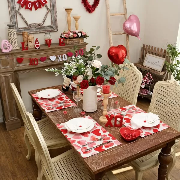 ARKENY Valentines Day Placemats 12x18 Inches Set of 4 Red Pink Heart Love Seasonal Farmhouse Burlap Indoor Kitchen Dining Table Mats Decorations for Home Party AP5534Red Placemats Set of 4  12X18