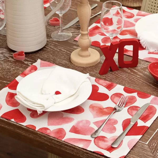 ARKENY Valentines Day Placemats 12x18 Inches Set of 4 Red Pink Heart Love Seasonal Farmhouse Burlap Indoor Kitchen Dining Table Mats Decorations for Home Party AP5534Red Placemats Set of 4  12X18