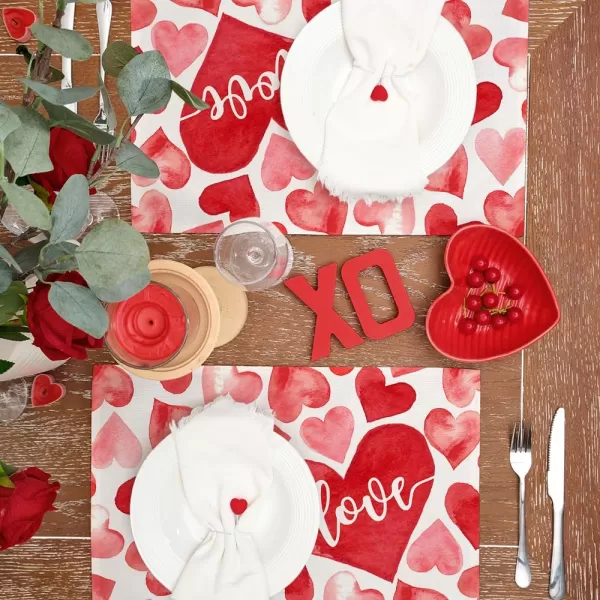 ARKENY Valentines Day Placemats 12x18 Inches Set of 4 Red Pink Heart Love Seasonal Farmhouse Burlap Indoor Kitchen Dining Table Mats Decorations for Home Party AP5534Red Love Placemats Set of 4  12X18