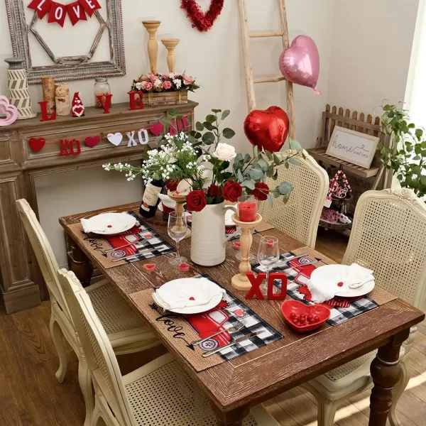 ARKENY Valentines Day Placemats 12x18 Inches Set of 4 Truck Heart Love Seasonal Farmhouse Burlap Buffalo Plaid Indoor Kitchen Dining Table Mats Decorations for Home Party AP52818Buffalo Plaid Placemats Set of 4  12X18