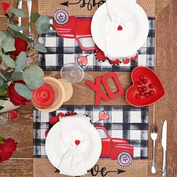 ARKENY Valentines Day Placemats 12x18 Inches Set of 4 Truck Heart Love Seasonal Farmhouse Burlap Buffalo Plaid Indoor Kitchen Dining Table Mats Decorations for Home Party AP52818Buffalo Plaid Placemats Set of 4  12X18