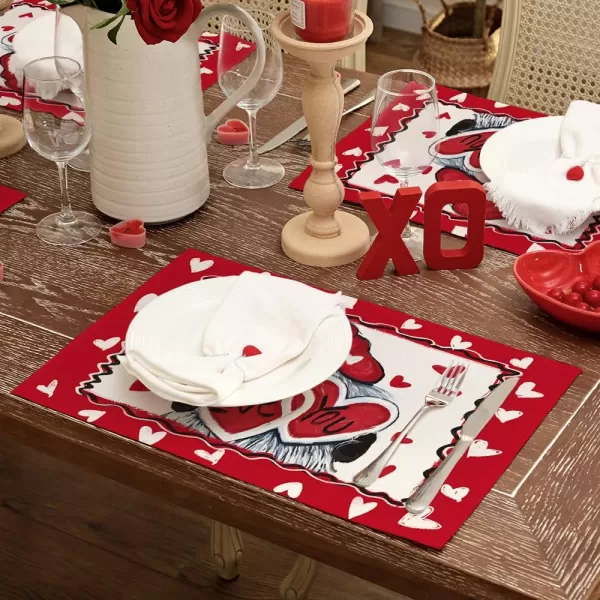 ARKENY Valentines Day Placemats Set of 4 Gnome I Love You Red Seasonal Farmhouse Burlap Indoor Kitchen Dining Table Mats Decorations for Home Party AP3484Red Placemats Set of 4  12X18