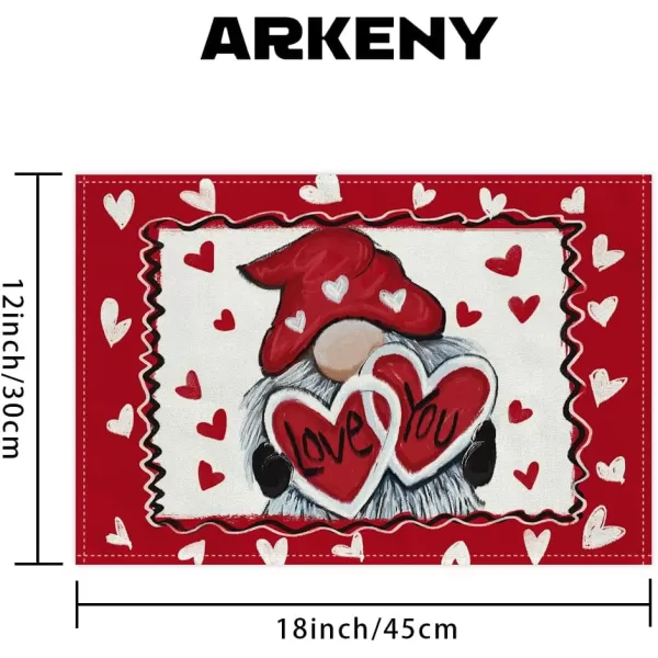 ARKENY Valentines Day Placemats Set of 4 Gnome I Love You Red Seasonal Farmhouse Burlap Indoor Kitchen Dining Table Mats Decorations for Home Party AP3484Red Placemats Set of 4  12X18