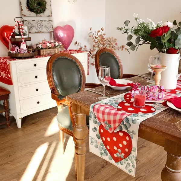ARKENY Valentines Day Placemats Set of 4 Heart Leaves Flower Seasonal Farmhouse Burlap Indoor Kitchen Dining Table Mats Decorations for Home Party AP5444Red Table Runner  13X90