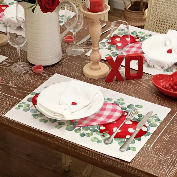 ARKENY Valentines Day Placemats Set of 4 Heart Leaves Flower Seasonal Farmhouse Burlap Indoor Kitchen Dining Table Mats Decorations for Home Party AP5444Red Placemats Set of 4  12X18