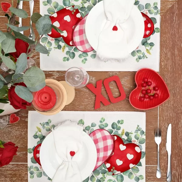 ARKENY Valentines Day Placemats Set of 4 Heart Leaves Flower Seasonal Farmhouse Burlap Indoor Kitchen Dining Table Mats Decorations for Home Party AP5444Red Placemats Set of 4  12X18