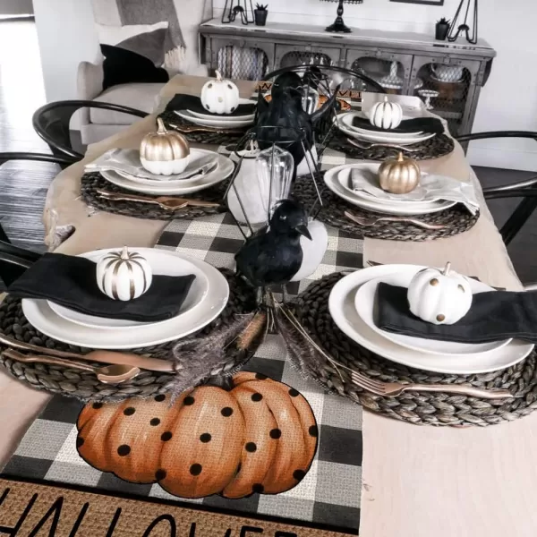 Halloween Decorations Pumpkin Buffalo Plaid Table Runner 13x72 Inches Long Farmhouse Holiday Party Decor Indoor Vintage Theme Gathering Dinner AT287Halloween Decorations Pumpkin Buffalo Plaid Table Runner 13x72 Inches Long Farmhouse Holiday Party Decor Indoor Vintage Theme Gathering Dinner AT287