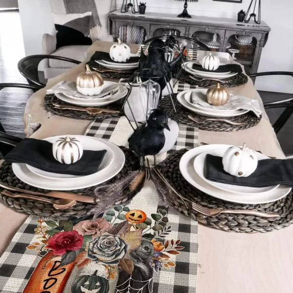 Happy Halloween Decorations Floral Vase Buffalo Plaid Table Runner 13x72 Inches Long Farmhouse Holiday Party Decor Indoor Vintage Theme Gathering Dinner AT288Happy Halloween Decorations Floral Vase Buffalo Plaid Table Runner 13x72 Inches Long Farmhouse Holiday Party Decor Indoor Vintage Theme Gathering Dinner AT288