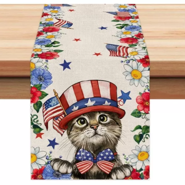 4th of July Decorations Table Runners 13x72 Inches Memorial Day American Flag Stars and Stripes Patriotic Cat Flower America Freedom Liberty Independence Day Decor AT219table runner 13X72