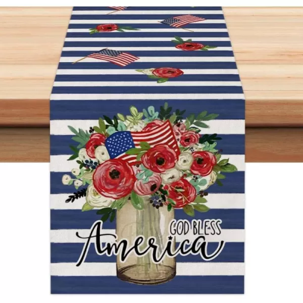 ARKENY 4th of July Decorations Blue Stripes Floral Placemats 12x18 Inches Memorial Day Patriotic Glod Bless America Sign Place mats Independence Day Decor AP27918Blue 13X72