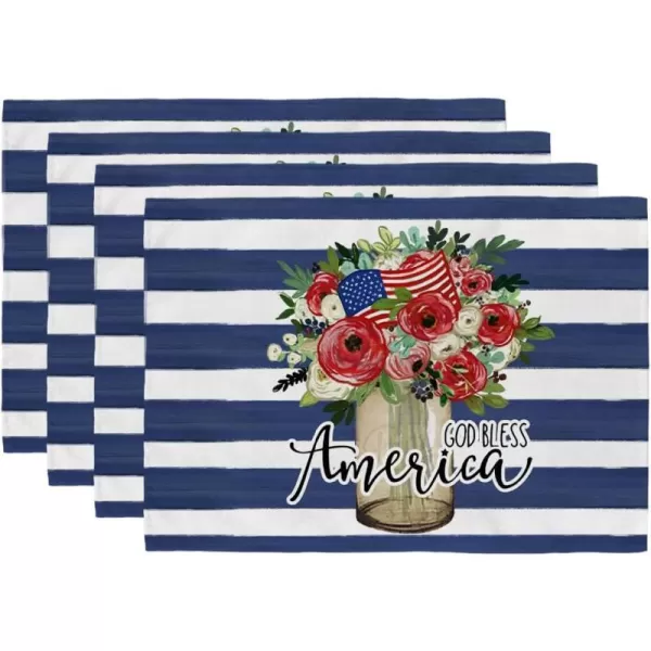 ARKENY 4th of July Decorations Blue Stripes Floral Placemats 12x18 Inches Memorial Day Patriotic Glod Bless America Sign Place mats Independence Day Decor AP27918Muti Placemats 12X18