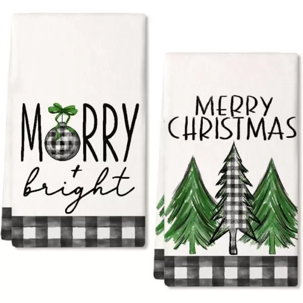 ARKENY Christmas Kitchen Towels Set of 2Black Buffalo Plaid Xmas Tree Dish Towels 18x26 InchHoilday Farmhouse Home Decoration AD096Green Bell 2