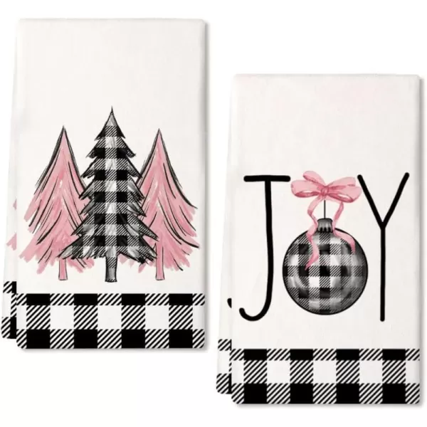 ARKENY Christmas Kitchen Towels Set of 2Black Buffalo Plaid Xmas Tree Dish Towels 18x26 InchHoilday Farmhouse Home Decoration AD096Pink