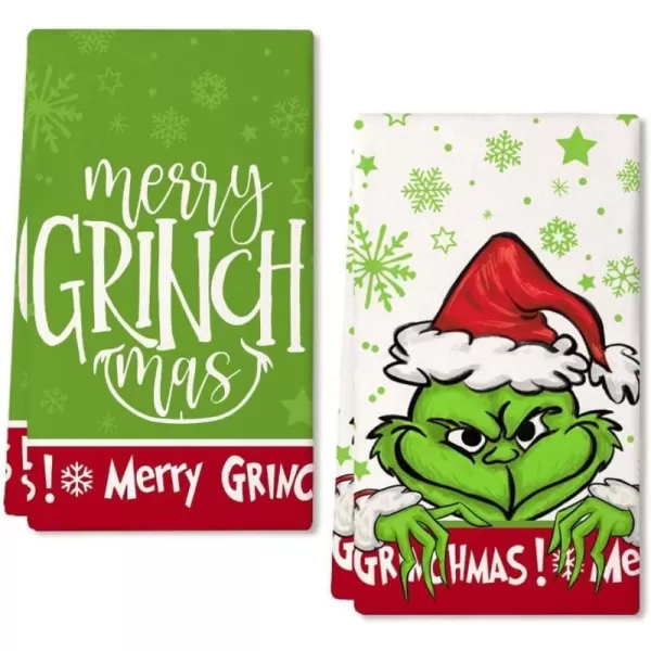 ARKENY Christmas Kitchen Towels Set of 2Green Merry Grinchmas Snowflake Dish Towels 18x26 InchHoilday Farmhouse Home Decoration AD110Red