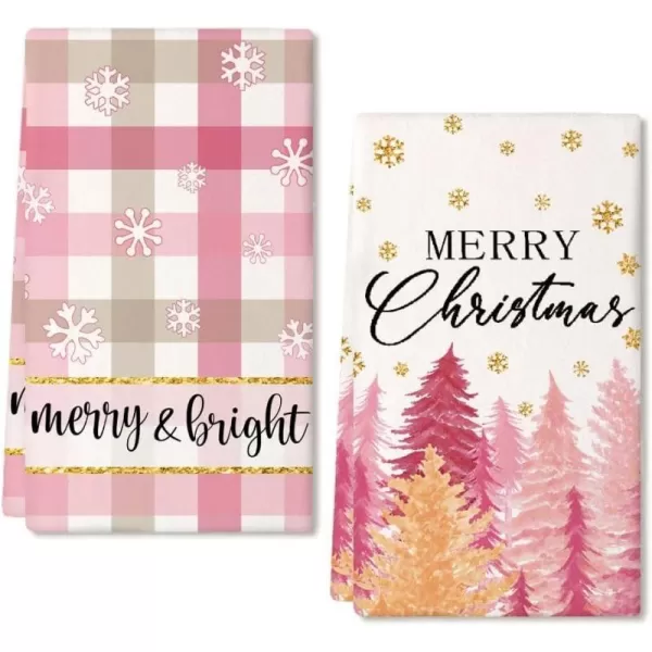 ARKENY Christmas Kitchen Towels Set of 2Pink Buffalo Plaid Xmas Tree Dish Towels 18x26 InchHoilday Farmhouse Home Decoration AD104Pink