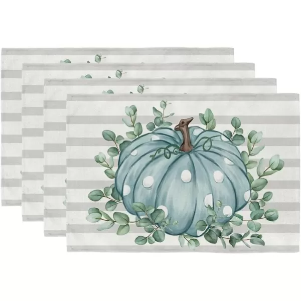 ARKENY Fall Thanksgiving Blue Pumpkin Polk Dots Leaf Placemats 12x18 Inches Set of 4Seasonal Burlap Stripe Farmhouse Indoor Kitchen Dining Table Decoration for Home Party AP17918placemats 12X18 inch