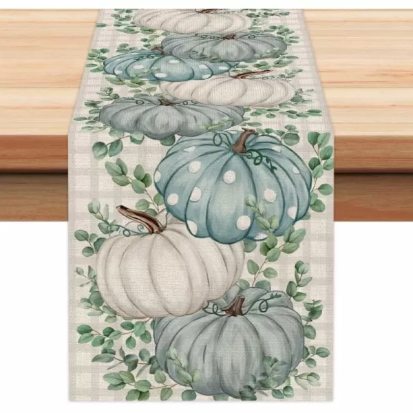 ARKENY Fall Thanksgiving Placemats 12x18 Inches Set of 4Blue Pumpkin Polk DotsSeasonal Burlap Stripe Farmhouse Indoor Kitchen Dining Table Autumn Decoration for Home Party AP18218Blue Table runner 13X72